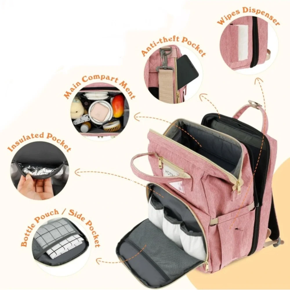 Light Pink Diaper Bag Backpack Changing Station